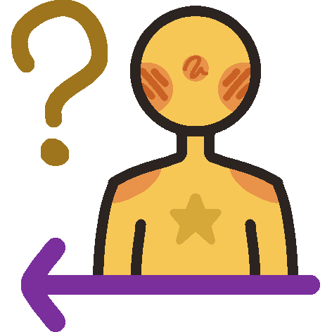 A nondescript yellow person with a star on their chest is positioned above a leftward-pointing purple arrow and a yellow question mark to the left of the person.